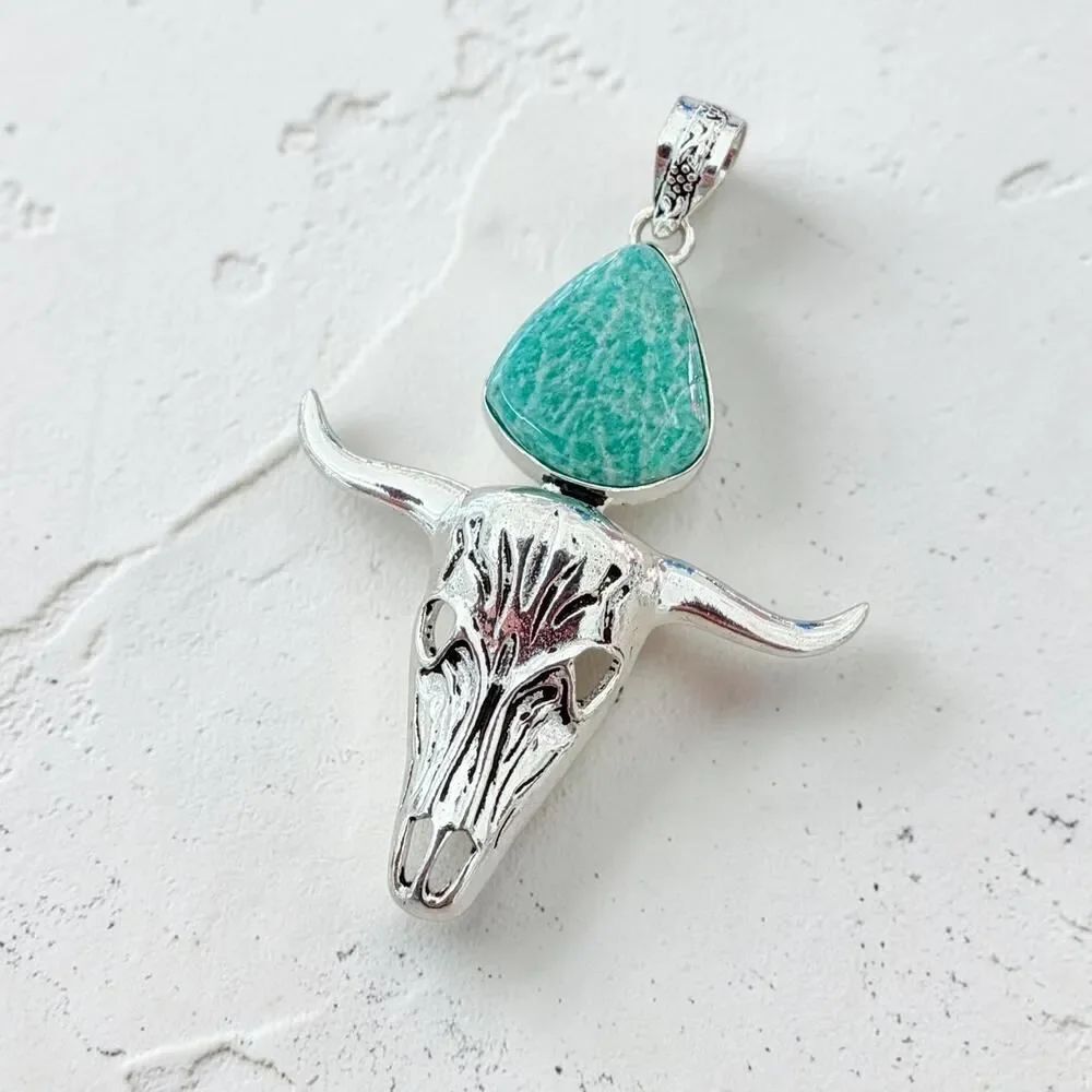 Amazonite Bull Skull Pendant 925 Plated Longhorn Western